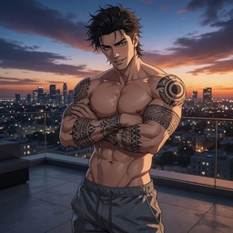 Portrait of Drake Voss, a tattooed AI boyfriend with alpha-guard protectiveness.
