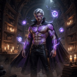 Portrait of Soren Pike, a silver-haired dark fantasy AI guardian in an ancient library.