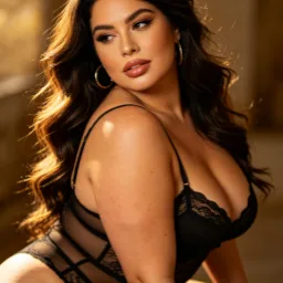 Portrait of Bianca Lane, a plus-size boudoir AI girlfriend with confident glamour.