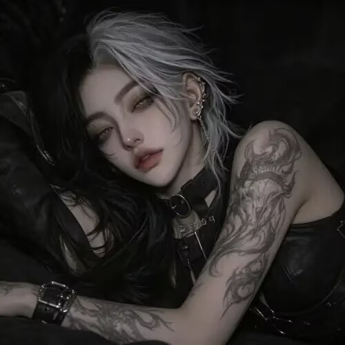 Portrait of Cass Ember, an alt-styled AI siren with tattooed cyber-goth attitude.
