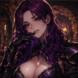 Portrait of Dahlia Rowe, a dramatic AI hostess with dark club glamour.