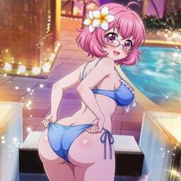 Portrait of Poppy Blaze, a pink bikini bombshell AI girlfriend with bright beach-party energy.
