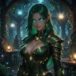 Portrait of Thalira Dawn, a fantasy elf queen AI girlfriend with regal command.